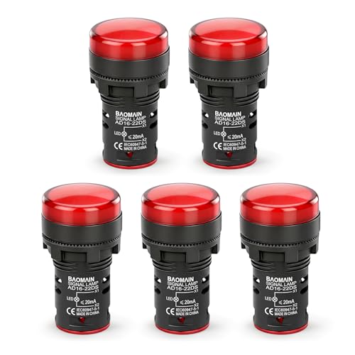 BAOMAIN 22mm LED Industrial Indicator Light,220V AC Pilot Signal Lamp for Industrial Machinery Control Circuits,7/8" Panel Mount, Screw Terminal,Red,5-Pack - color: Red