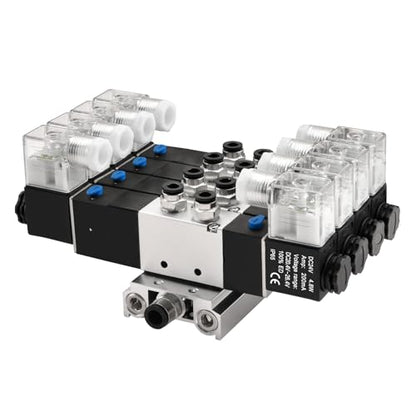 Heschen Electrical Pneumatic 4 Solenoid Valve, 4V230C-08, 24VDC, PT1/4, 5 Way 3 Position, Manifold Base, Muffler, Quick Fittings Set, CE