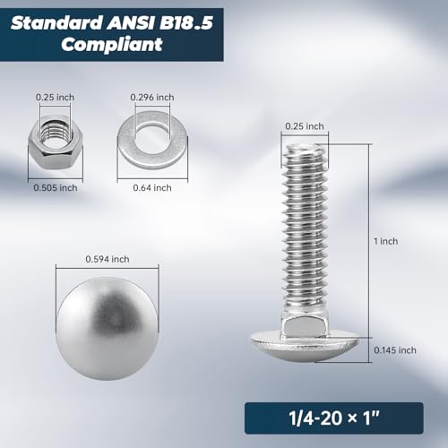 1/4-20 x 1 Inch Carriage Bolt Kit, 304 Stainless Steel (18-8) with Hex Nuts & Flat Washers - 20 Sets, Round Head Square Neck, Full Thread Coverage by Glvaner - size: 1/4-20 x 1"