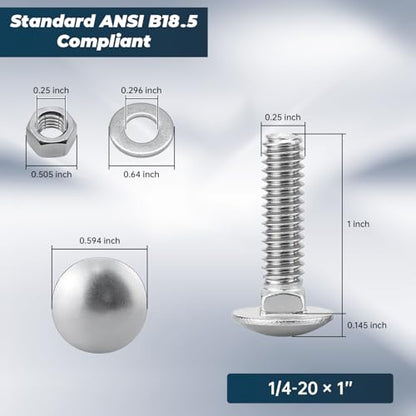 1/4-20 x 1 Inch Carriage Bolt Kit, 304 Stainless Steel (18-8) with Hex Nuts & Flat Washers - 20 Sets, Round Head Square Neck, Full Thread Coverage by Glvaner - size: 1/4-20 x 1"