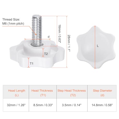 HARFINGTON 10pcs Star Knobs M6 x 16mm Male Thread 32mm Plastic 6-Point Head Stud Knob Hand Tightening Clamping Screw Replacement Threaded Handle, White - size: M6 x 16mm