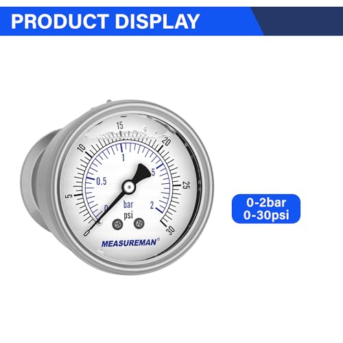 MEASUREMAN 2.5" Stainless Steel Sanitary Pressure Gauge, 0-30 PSI Glycerin Filled, Back Mount with 1.5" Tri-Clamp Diaphragm Seal for Food/Beverage/Bio Pharma - size: 2.5",0-30 psi/bar, style: Back Mount