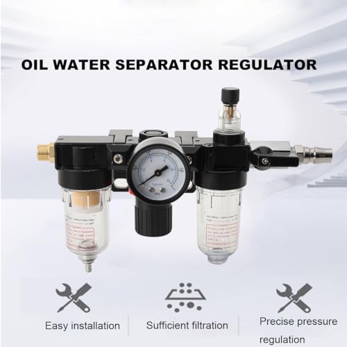 1/4" Air Compressor Water Separator – Filter Regulator Lubricator Combo with Gauge (0-150 PSI), Poly Bowl