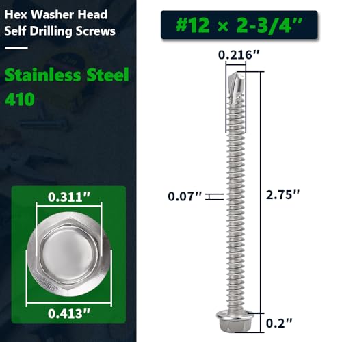 #12 x 2-3/4" (50 Pack) Hex Washer Head Self Drilling Screws (5/8" to 6" Available), 410 Stainless Steel Self Tapping Sheet Metal Screws, No Pre-drilled Needs - size: #12 x 2-3/4"
