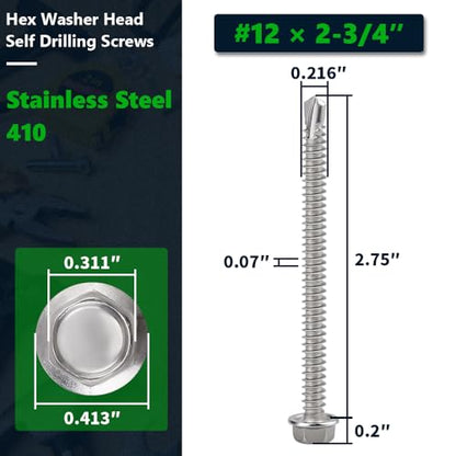 #12 x 2-3/4" (50 Pack) Hex Washer Head Self Drilling Screws (5/8" to 6" Available), 410 Stainless Steel Self Tapping Sheet Metal Screws, No Pre-drilled Needs - size: #12 x 2-3/4"