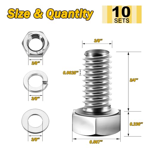 Mywish (10 Sets) 3/8-16x3/4 Hex Head Assorted Screws Nuts and Bolts with Flat & Lock Washers, 304 Stainless Steel 18-8, Fully Threaded, 5/16 Bolt Metric Bolt Assortment - size: 3/8-16 x 3/4 (10 set)
