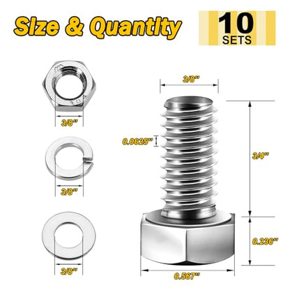Mywish (10 Sets) 3/8-16x3/4 Hex Head Assorted Screws Nuts and Bolts with Flat & Lock Washers, 304 Stainless Steel 18-8, Fully Threaded, 5/16 Bolt Metric Bolt Assortment - size: 3/8-16 x 3/4 (10 set)