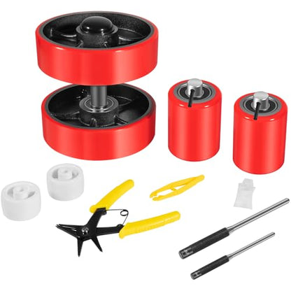 Pallet Jack/Truck Full Wheel Replacement Kit, Pair Steering Wheels (7"x 2"), Pair Front Load Roller(3" x 3.75"), with Pre-Installed Bearings, Axles, 20mm ID Poly Tread, Entry Rollers, Install Tool Kit