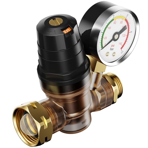 FOCSPROD RV Water Pressure Regulator, Rotatable Scale Adjustable Camper Water Pressure Reducer with Gauge, Inlet Screen Filter for Camper Travel Trailer
