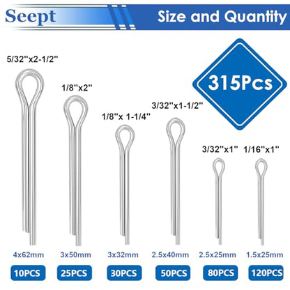 315Pcs Cotter Pins Zinc Plated Cotter Pins Assortment Kit Tractor Pin Used for Hitch Pin Lock System, Trucks, Engine Repair in Towing Hitch Clips & Pins - size: 315Pcs 6-sizes