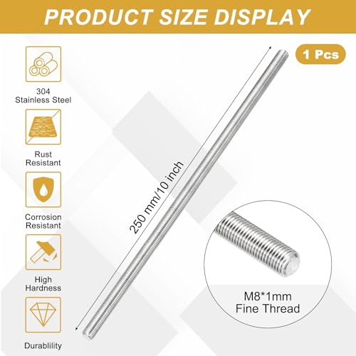uxcell Fully Threaded Rod M8 x 1mm Pitch 250mm/10 inch Threaded - size: M8x1mmx250mm
