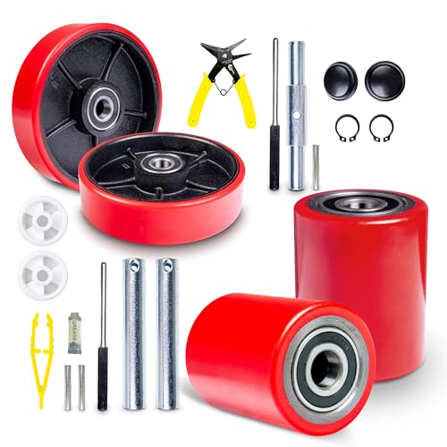 Pallet Jack/Truck FULL SET RED with Axles, Steering Wheels 7"x 2" Pair, Front Load Roller 3" x 3.75" Pair with Bearings ID 20mm Poly Tread Red, Entry Exit Roller and Protective Caps