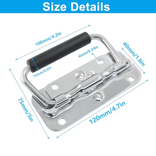 Spring Loaded Handle, 120mm / 4.7 Inch Heavy Duty Folding Handle with Durable Rubber Grip for Toolboxes, Cabinets, Easy to Install, 2Pcs - size: 120mm
