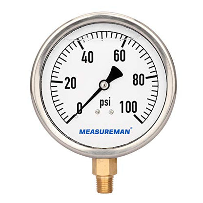 MEASUREMAN 4" Dial Size, Glycerin Filled Plumbing Pressure Gauge, 0-100psi, Stainless Steel Case, 1/4" NPT Lower Mount - size: 0-100psi