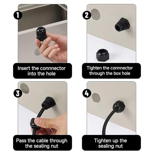 Cable Glands 72 pcs Cable Gland Waterproof joints, Adjustable Black 3-24mm Waterproof Cable Connectors PG7 1/4" 1/2" 3/4" 1" NPT Plastic 4 cable glands and Gaskets in PP Box