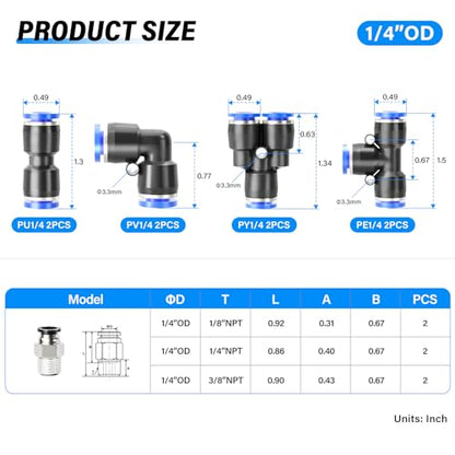 TAILONZ 1/4" Push to Connect Fittings Kit 14Pcs - color: Blue, size: 1/4"OD/14PCS