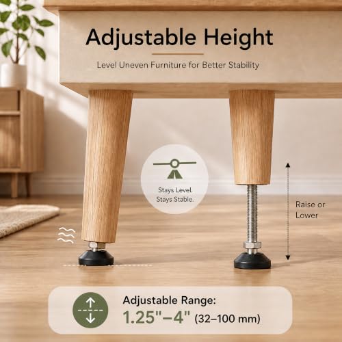 M10 Adjustable Leveling Feet, 4 Pack, 20° Swivel Base with T-Nuts - size: M10 | 4.1" Height | 1.54" Base | 132 lbs/Leg