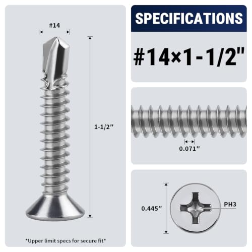 #14 x 1-1/2" Phillips Flat Head Sheet Metal Screws, Stainless Steel 410 Self Drilling Screws for Metal, Countersunk Head, Phillips Drive, Self Tapping, 50 Pack - size: #14 x 1-1/2"