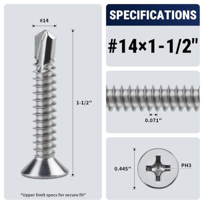 #14 x 1-1/2" Phillips Flat Head Sheet Metal Screws, Stainless Steel 410 Self Drilling Screws for Metal, Countersunk Head, Phillips Drive, Self Tapping, 50 Pack - size: #14 x 1-1/2"