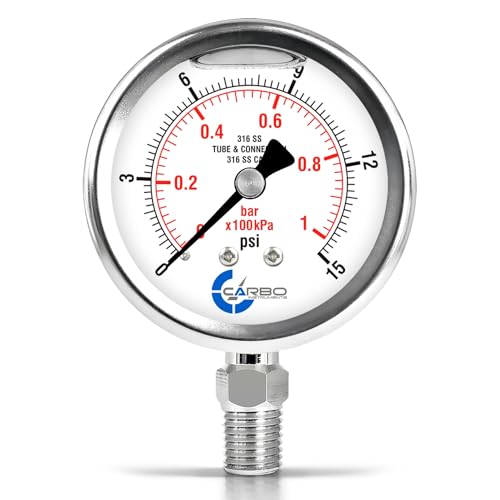 Carbo 15 PSI Liquid Filled Pressure Gauge with NIST Traceable Certificate, Calibrated in USA Lab, 2.5" Dial, 1/4 NPT Lower Mount, ASME Grade A, 316 SS Case, 316 SS Wetted Parts, PSI/Bar - size: 0-15 PSI, style: NIST TRACEABLE