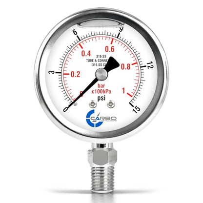 15 PSI Liquid Filled Pressure Gauge, 2.5" Dial, 1/4 NPT Lower Mount, 316 SS Case, 316 SS Wetted Parts, Dual Scale PSI/Bar - ASME B40.1 Grade A - size: 0-15 PSI, style: STANDARD