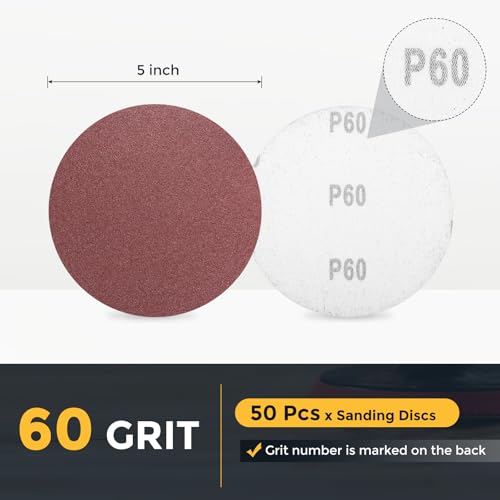 HARFINGTON 50 Pcs 5 Inch Sanding Discs 60 Grit Red Aluminum Oxide - size: 5 Inch(60 Grit)
