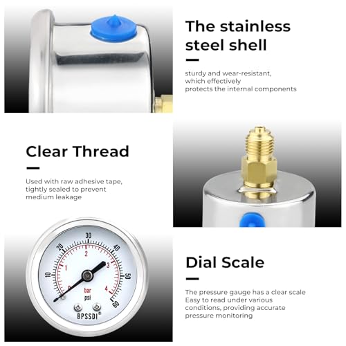 0-60 Psi Low Pressure Gauge, 2" Dial Size, 1/4 G Back Mount, Stainless Steel Case for Water Pressure Gauge Test for Water Pipe, HVAC(with Tape) - size: 0-60 psi, style: Back Mount