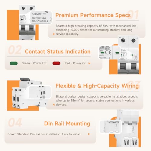 GEYA 2P 100A 500VDC Miniature Circuit Breaker,10kA Breaking Capacity,C Curve MCB,DIN Rail Mount, Thermal Magnetic Trip for Communication, PV and Other DC System Applications - size: 100 Amps+DIN Rail