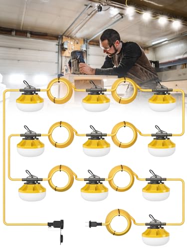 HYPERLITE Construction String Lights: 100FT 10 Bulbs String Work Lights with Climbing Hooks - IP65 Waterproof Linkable LED Construction String Lights for Job Site Attic Renovation Crawlspace Lighting - size: 100FT-2Prong