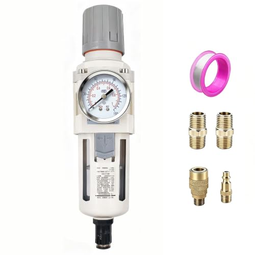 XingNEeng 1/2" NPT Compressed Air Filter Regulator Combo Piggyback, Water/Oil Trap Separator with Pressure Gauge(0-150 psi), Auto Drain, Poly Bowl, 5 Micron Brass Element, Metal Bracket - color: 1/2" Npt, size: Auto Drain