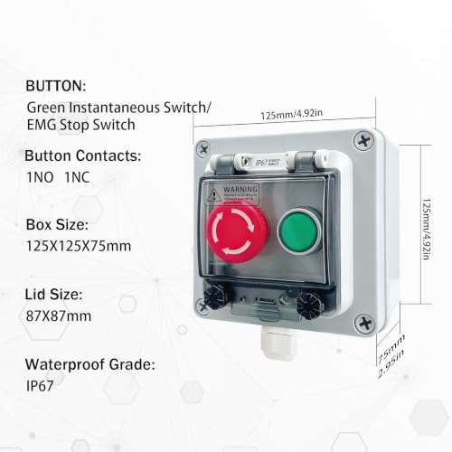 IP67 Waterproof Push Button Switch Box, Emergency Stop & Green Momentary Start/Stop Control Station with Anti-Misoperation Protective Cover, Outdoor Industrial Use, 1NO 1NC Contacts, 22mm - color: Green/emergency stop button switch box