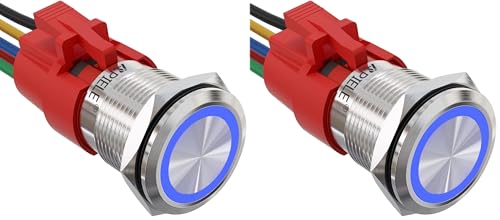 APIELE 19mm Latching Push Button Switch 12V DC Angel Eye Halo Ring LED Metal 0.74" 1NO1NC SPDT with Wire Socket Plug (Blue) (Pack of 2) - color: Silver Shell-Blue, size: Silver Shell (Pack of 2)