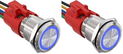 APIELE 19mm Latching Push Button Switch 12V DC Angel Eye Halo Ring LED Metal 0.74" 1NO1NC SPDT with Wire Socket Plug (Blue) (Pack of 2) - color: Silver Shell-Blue, size: Silver Shell (Pack of 2)