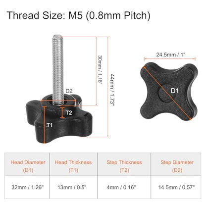 HARFINGTON 6pcs Star Clamping Knobs M5 x 30mm Metric Male Thread 32mm 4-Point Plastic Head Threaded Stud Knob Hand Tightening Thumb Screw Jig Handle, Black - size: M5 x 30mm x 32mm