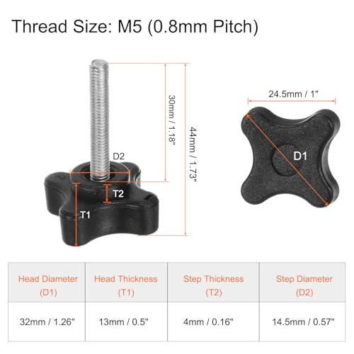 HARFINGTON 6pcs Star Clamping Knobs M5 x 30mm Metric Male Thread 32mm 4-Point Plastic Head Threaded Stud Knob Hand Tightening Thumb Screw Jig Handle, Black - size: M5 x 30mm x 32mm