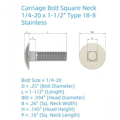 SANTIE 1/4-20 UNC x 1.1/2 Inch Carriage Bolts, Stainless Steel (A2) - size: 1/4"-20 X 1-1/2" (25pc)