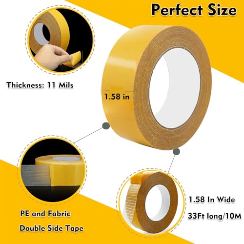 Qoqooice Double Sided Fabric Tape Heavy Duty Mounting Tape 1.58" x 33FT Resistente Clear Super Stick Tape with Fiberglass Mesh High Tack Strong Adhesive for Clothes Carpet Arts - size: 1.58 Inch x 33Ft