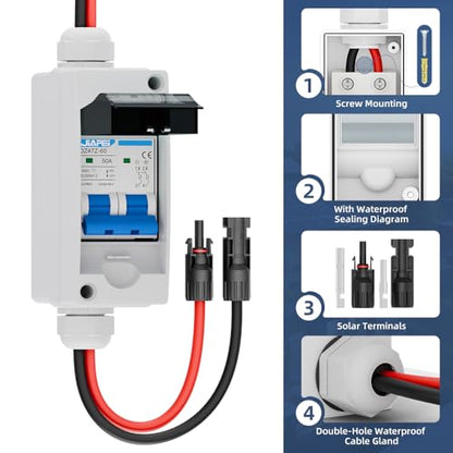 Solar Panel Disconnect Switch 50 Amp 1000V Breaker Box, PV DC Miniature Circuit Breaker Disconnect Box Outdoor with IP65 Waterproof Box
