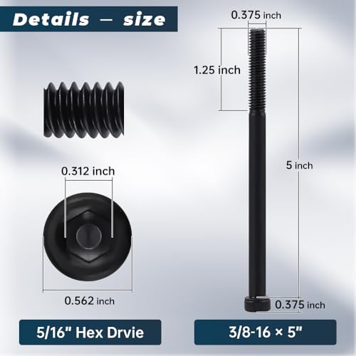 Glvaner 8-Pack 3/8-16 x 5 Socket Head Cap Screws, Grade 12.9 Alloy Steel, Black Oxide Finish, Partial Thread UNC, Allen Hex Drive - size: 3/8-16 x 5"