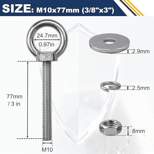 2 Pack M10 Stainless Steel Eye Bolts with Nuts, 3/8" x 3" Eye Bolts - size: M10x77mm (3/8"x3")