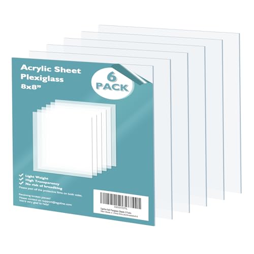 Egofine Plexiglass Sheets Acrylic Sheets 6 Pack of 8x8’’ 0.04 Thick Clear Plastic Cast Transparent Plexi Glass for Crafting Projects, Replacement Picture Frame Glass, DIY Display, Easy to Cut - color: Clear, size: 8x8"