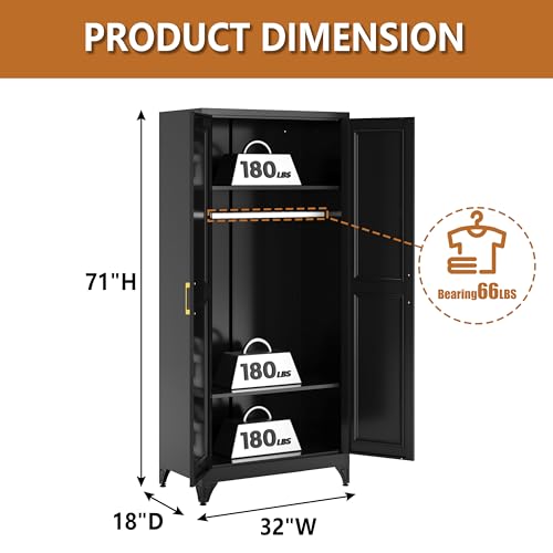 Polup 71" Metal Armoire Wardrobe Closet with Doors and Adjustable Shelves - color: Black, size: 71"H-0 Drawers