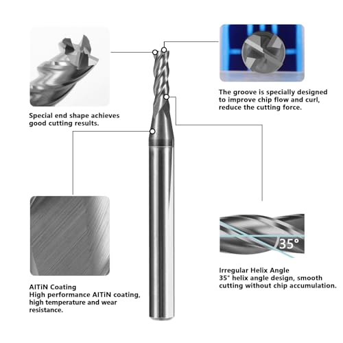 5pcs 1/16" Carbide Square End Mill Bits Set for Alloy Stees/Hardened Steels,Hrc55 Micro Grain Carbide Milling Cutter 4Flute CNC Router Bits with AlTiN Coating - size: 1/16 in