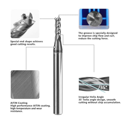 5pcs 3/32" Carbide Square End Mill Bits Set for Alloy Stees/Hardened Steels,Hrc55 Micro Grain Carbide Milling Cutter 4Flute CNC Router Bits with AlTiN Coating - size: 3/32 in