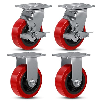 5"x 2" Heavy Duty Industrial Casters, Polyurethane on Polyolefin Core Wheel- Capacity up to 4000 Lbs (Set of 4), Use for Platform Truck, Industrial Equipment (2 Brake & 2 Rigid) - style: Size: 5 "