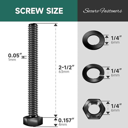 1/4-20 x 2-1/2" Hex Head Bolts Screws with Nuts, Flat & Lock Washers, 304 Stainless Steel Bolts and Nuts External Hex Drive Black Oxided 1/4 Bolt (10Sets) - color: Black, size: 1/4 x 2-1/2"