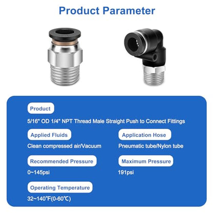 CNAODUN 12 Pcs Push to Connect Fittings 5/16 Inch Tube OD x 1/4 Inch NPT Thread Pneumatic Male Straight and Elbow Quick Connect Air line fittings - size: 5/16"OD x 1/4"NPT