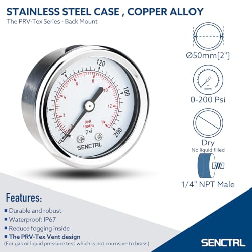 SENCTRL 0-200 Psi Pressure Gauge, 1/4" NPT Back Mount - size: 0-200Psi, style: Back Mount