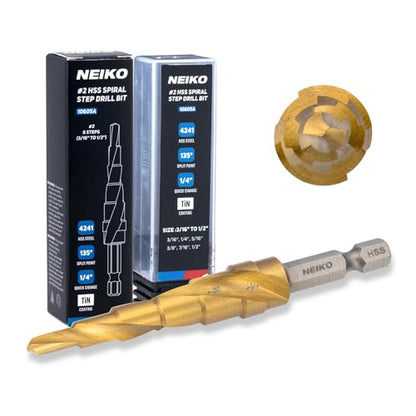 NEIKO 10605A Step Drill Bit, 6 Steps 3/16" to 1/2" Spiral High Speed Steel, Titanium Nitride Coated, 1/4" Quick Change Step Bits for Steel, Metal, Wood, Plastic, Unibit Cone Drill Bits, Two Flute - size: #2 (3/16 - 1/2", 6S), style: Spiral