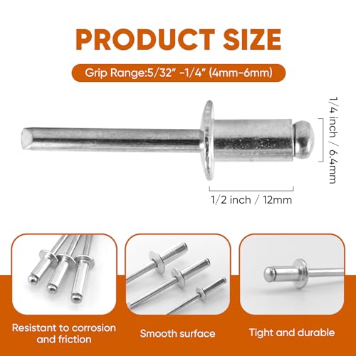 ALLCLEAN 80 Pcs 1/4" x 1/2" Aluminum Blind Rivets,6.4 x 12mm Pop Rivets,Aluminum Grip and Steel Mandrel - color: Aluminum, size: 1/4" x 1/2"